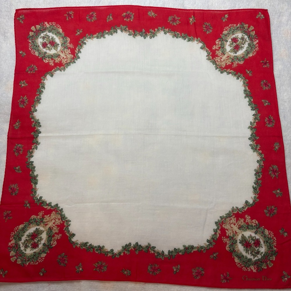 VTG CHRISTIAN DIOR Scarf Handkerchief Holiday Floral Cotton Red White 19x19